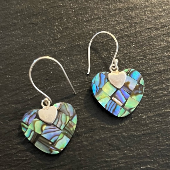 Abalone Shell Sterling Silver 925 Heart French Hook Earrings - Picture 3 of 13